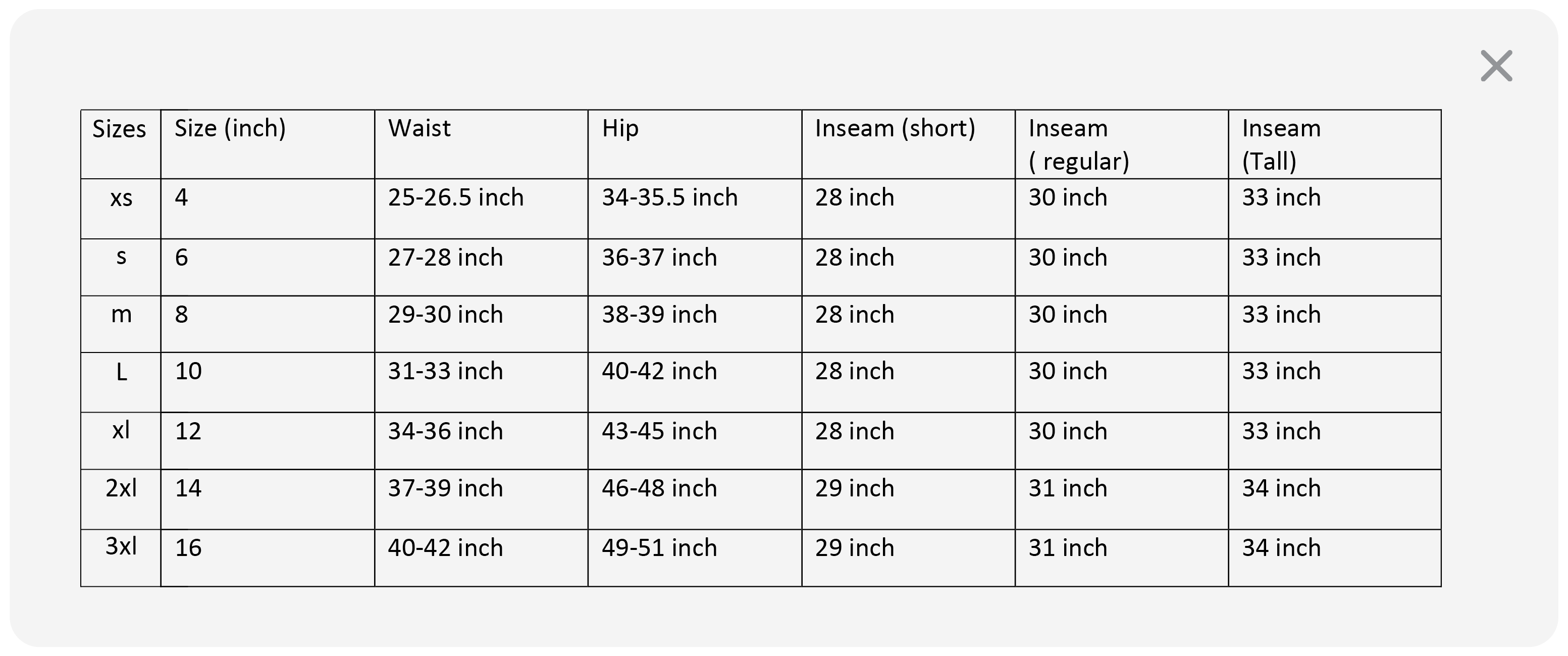 Women's Leggings size guide